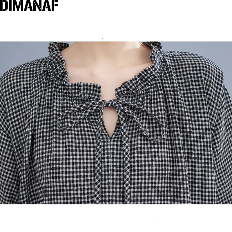 

DIMANAF 2021 Plus Size Summer Dress Sundress Vintage Women Vestidos Lady Long Dress Loose Cotton Linen Plaid Floral Black Dress