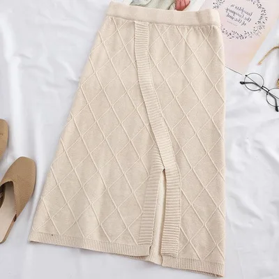 Бежевый TIGENA Fashion Split Knitted Midi Skirt Women Autumn Winter Korean Warm A-line High Waist Knee Length Skirt Female Ladies - Цвет: Бежевый