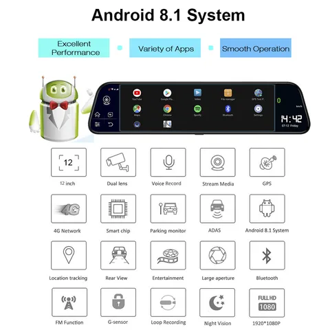 Видеорегистратор HGDO, 12 дюймов, 4G, ADAS, Android 8,1, FHD 1080P, WiFi, GPS - изображение