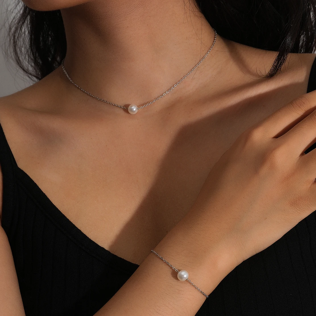 

Goth Kpop Small Pearl Pendant Necklace Bracelet Set for Women Korean Simple Minimalism Gift Couple Jewelry Sets Collier Femme