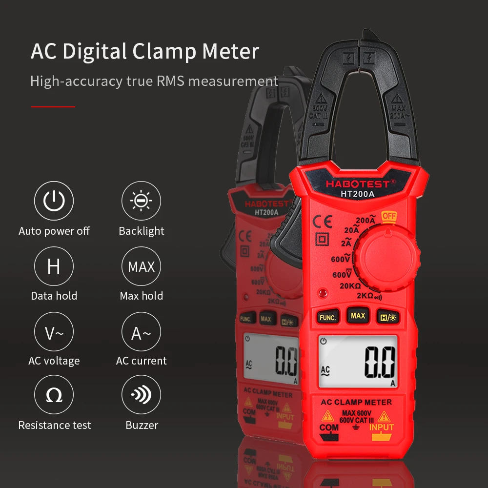 HABOTEST HT200A Мини AC цифровой клещи True RMS Авто Диапазон Цифровой мультиметр ток