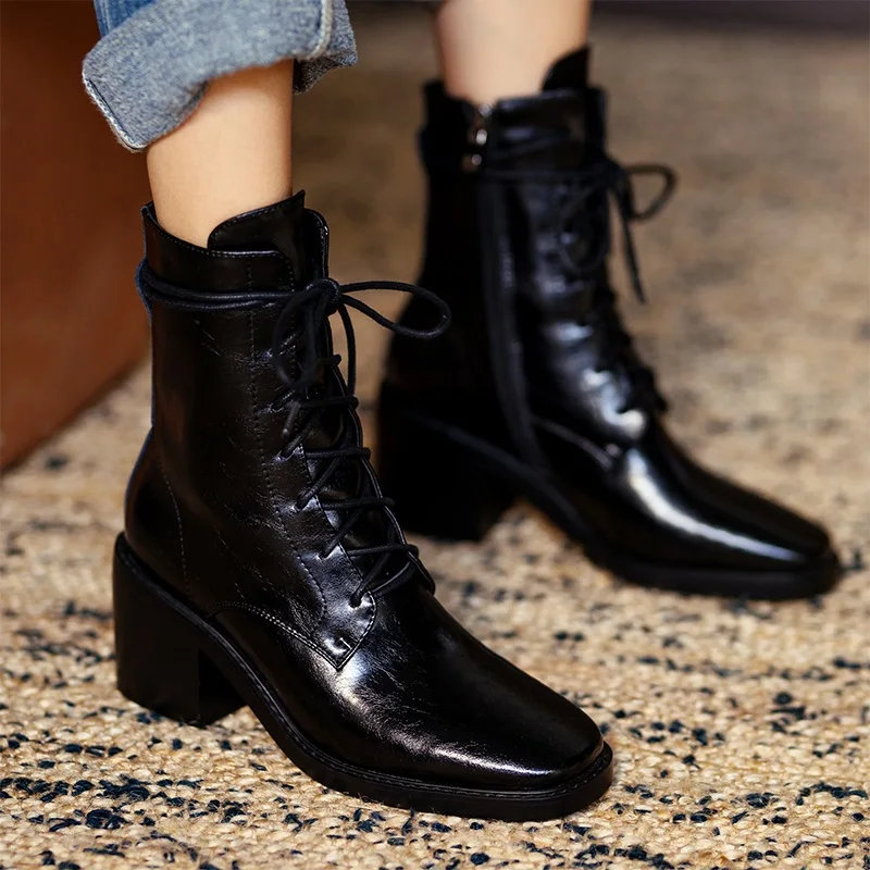 

wild sexy motorcycle boots women's lace-up ankle boots winter black genuine leather short boot lady stylish high heel shoes side