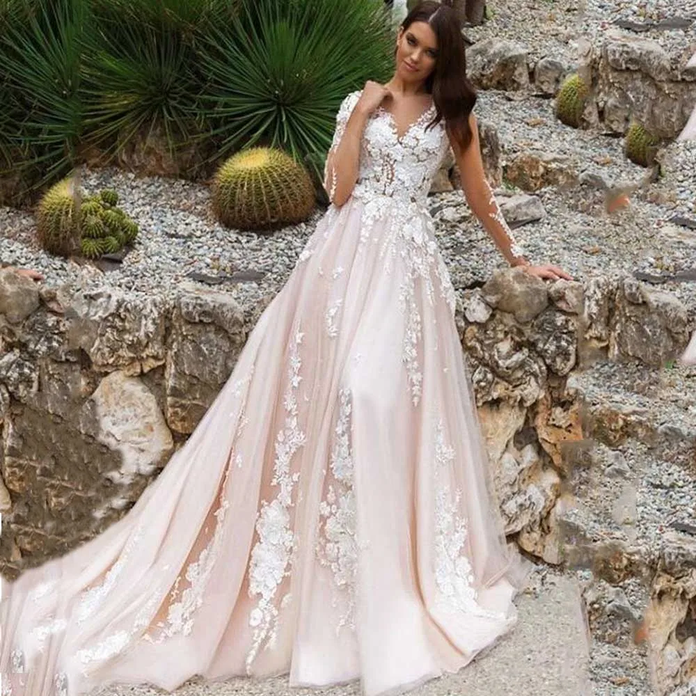 

Sevintage 3/4 Sleeve Boho Wedding Dresses Lace Applique Bridal Gowns Sheer Buttons Back Wedding Gown Robe De Mariee