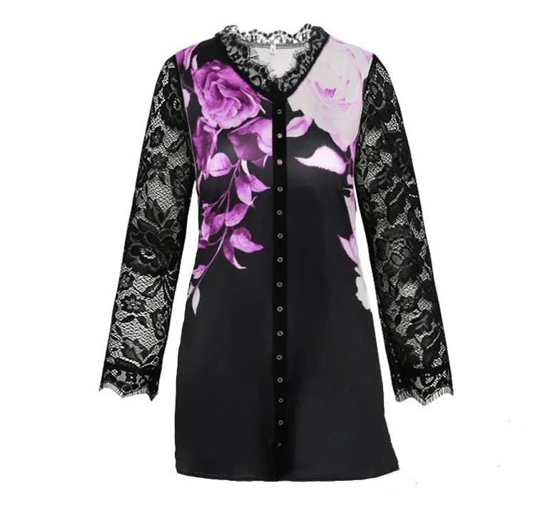 

Plus Size 5x Pullovers Blouse shirt Boho Print Lace Splice Women's Tops V-neck Loose 2021 Casual Summer New Female Tee Shirt