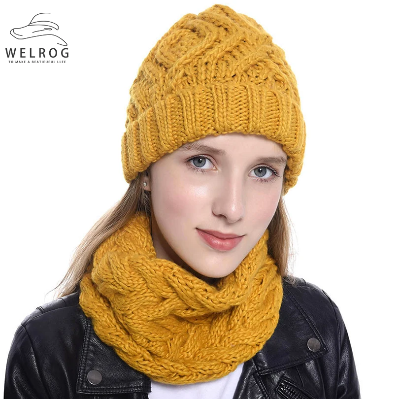 WELROG Winter Beanie Hat and Scarf Set for Women Autumn Casual Hat Ring Scarves Hat Knit Skullies Beanies Hats for Girls