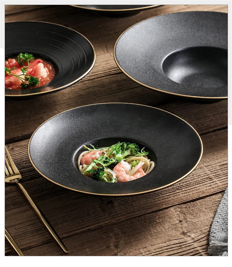 

European breakfast Western plate simple black pasta plate household dish ceramic soup plate straw hat plate