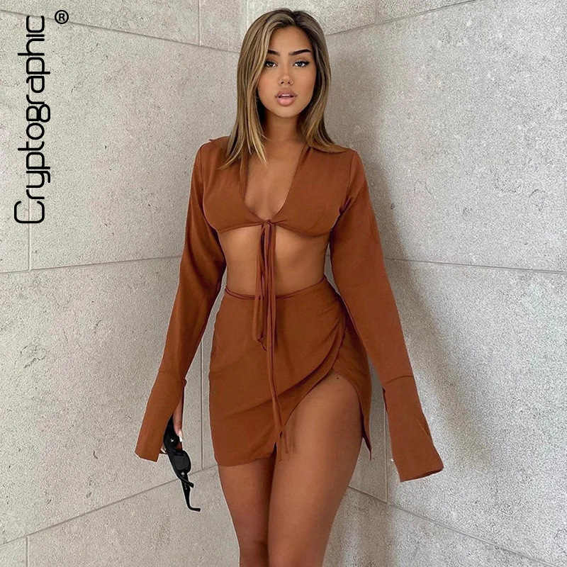 

Cryptographic Brown Sexy Tie Front Top and Skirt Sets Women Fashion Outfits Fall Matching Set Split Skirt Club Party Clothes