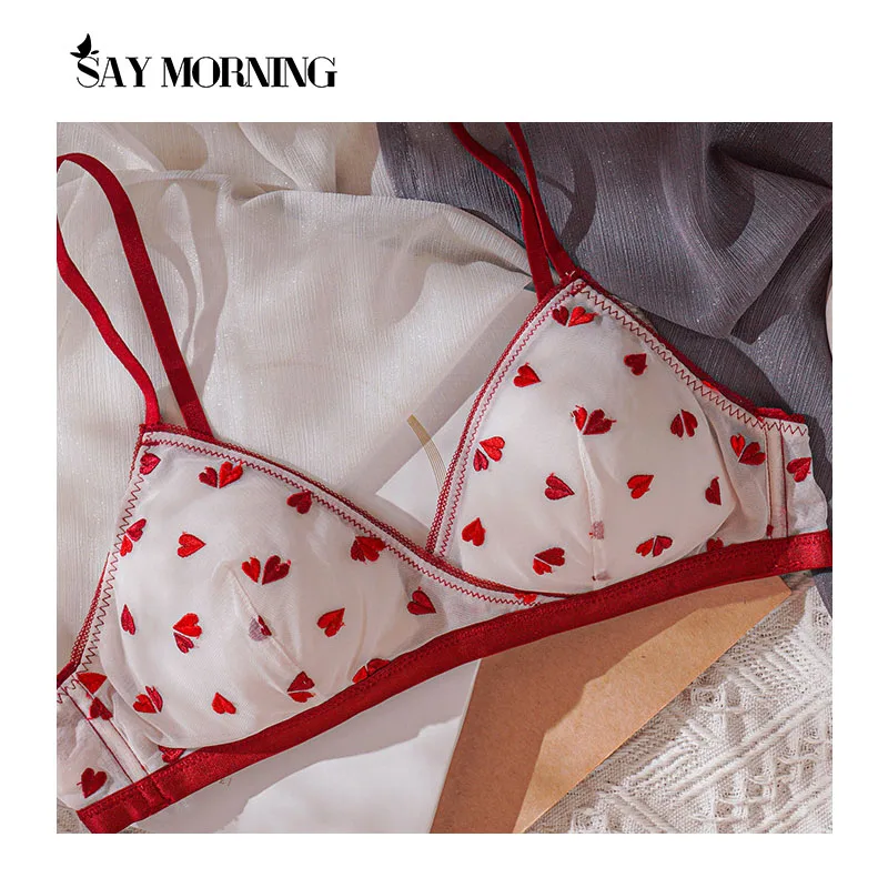 

SAY MORNING Women Bralette Set Sexy Embroidery Hearts Bralette Padded No Steel Women Bra High Cut Panties for Female Underwear