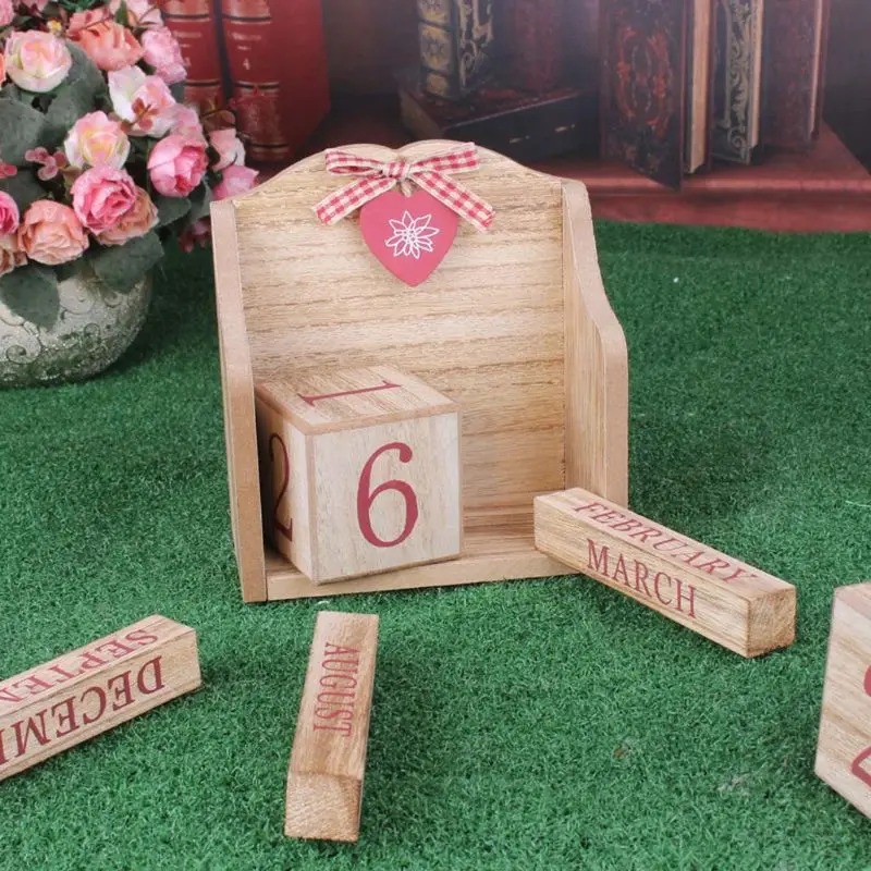 

Vintage Wooden Perpetual Calendar Month Date Display Eternal Blocks Photography Props Desktop Accessories Home Office Decoration