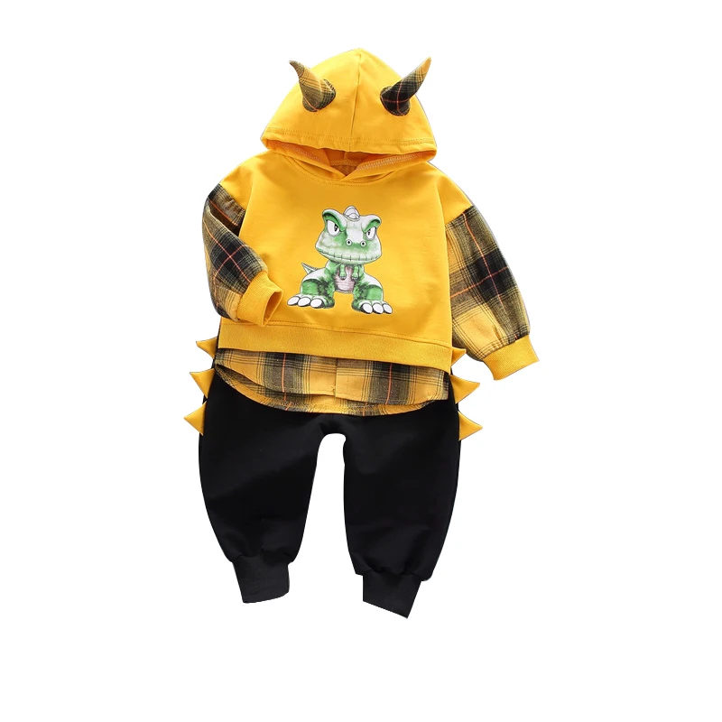 

Костюм-двойка хлопковый для мальчиков, на весну и осень, с капюшоном и милым мультяшным динозавром