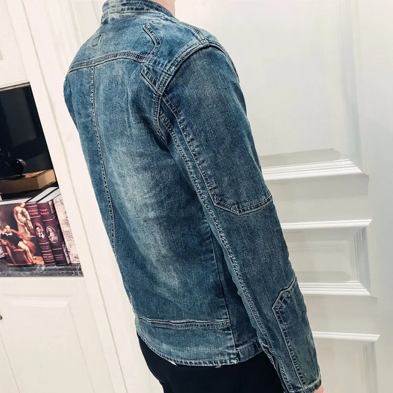Spring Autumn New Long Sleeve Zipper Mens Denim Jackets Fashion Stand Collar Slim Fit Casual Cowboy Outerwear Coats Plus Size | Мужская
