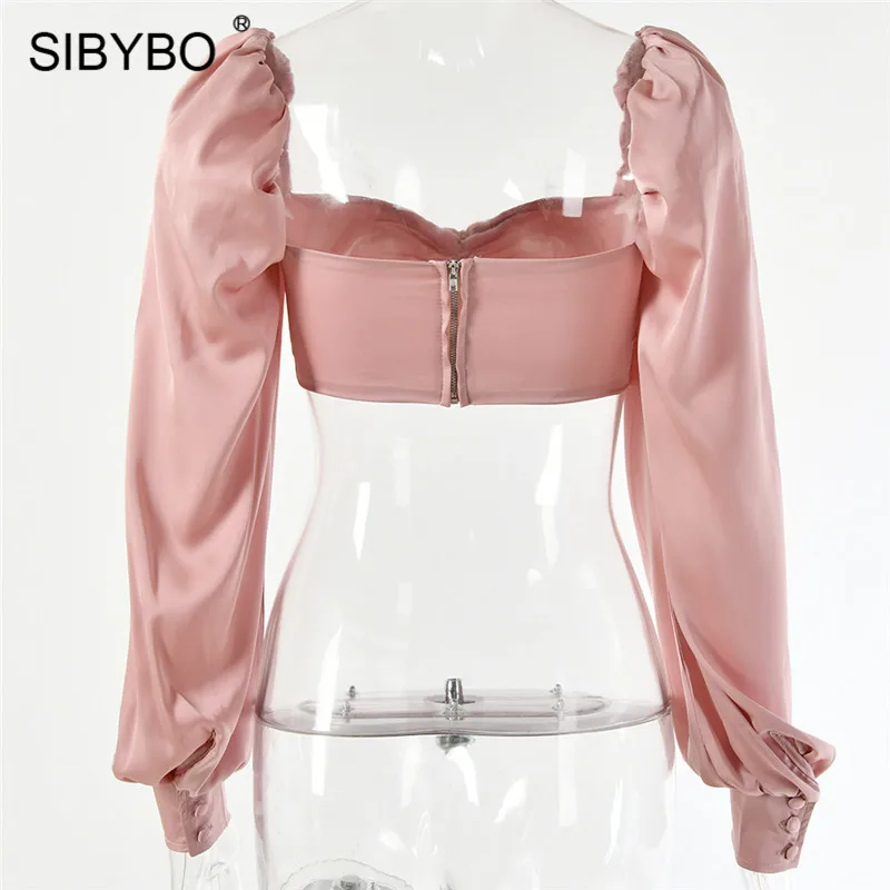 Sibybo, плиссированный сексуальный укороченный Топ без бретелек, женская мода, длинный рукав, пуговицы, тонкая женская футболка, однотонная, открытая спина, повседневные женские топы