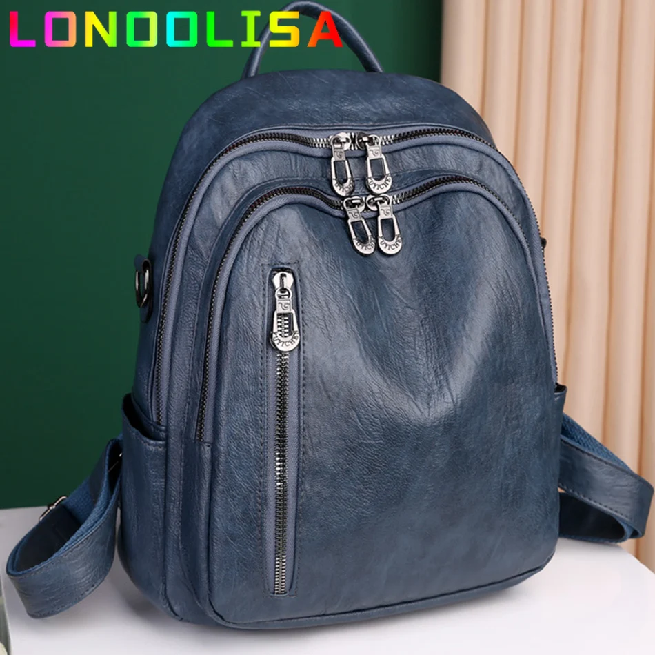 

2 Layers Multi-pockets Large Capatity Backpack Casual PU Leather Shoulder Bags for Women Vintage School Bags Ladies Travel Sac