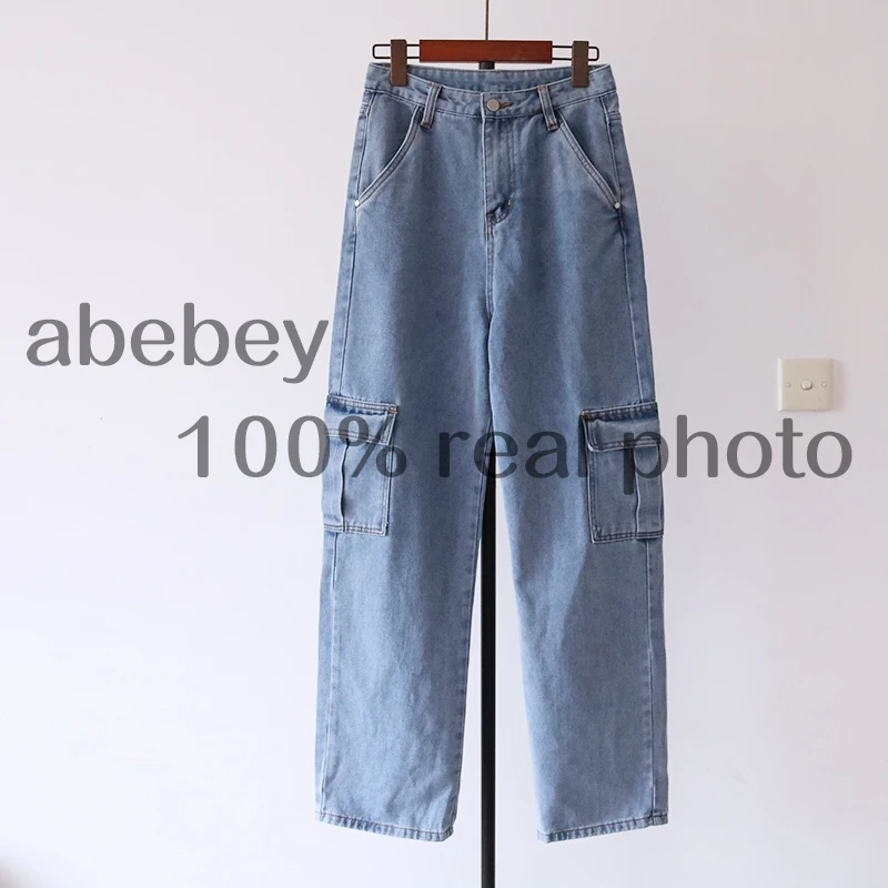 Pockets Patchwork High Waist Jeans Women Streetwear Straight Jean Femme Blue 100% Cotton Cargo Pants |