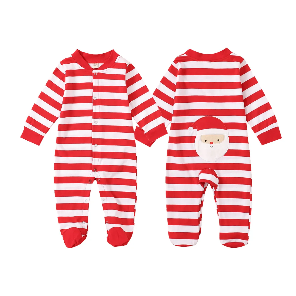 

2020 Infant Baby Girls Boys Clothing Long Sleeve Single-breasted Santa Striped Footies Jumpsuits Toddler Christmas Clothes 0-24M