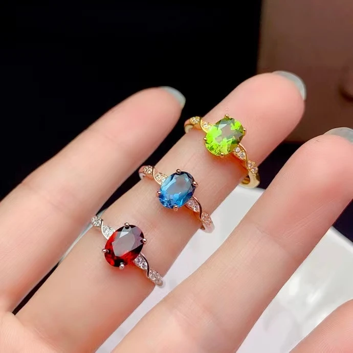

Fashion Silver Gemstone Ring for Daily Wear 100% Natural Garnet Topaz Peridot Ring Simple 925 Silver Crystal Ring