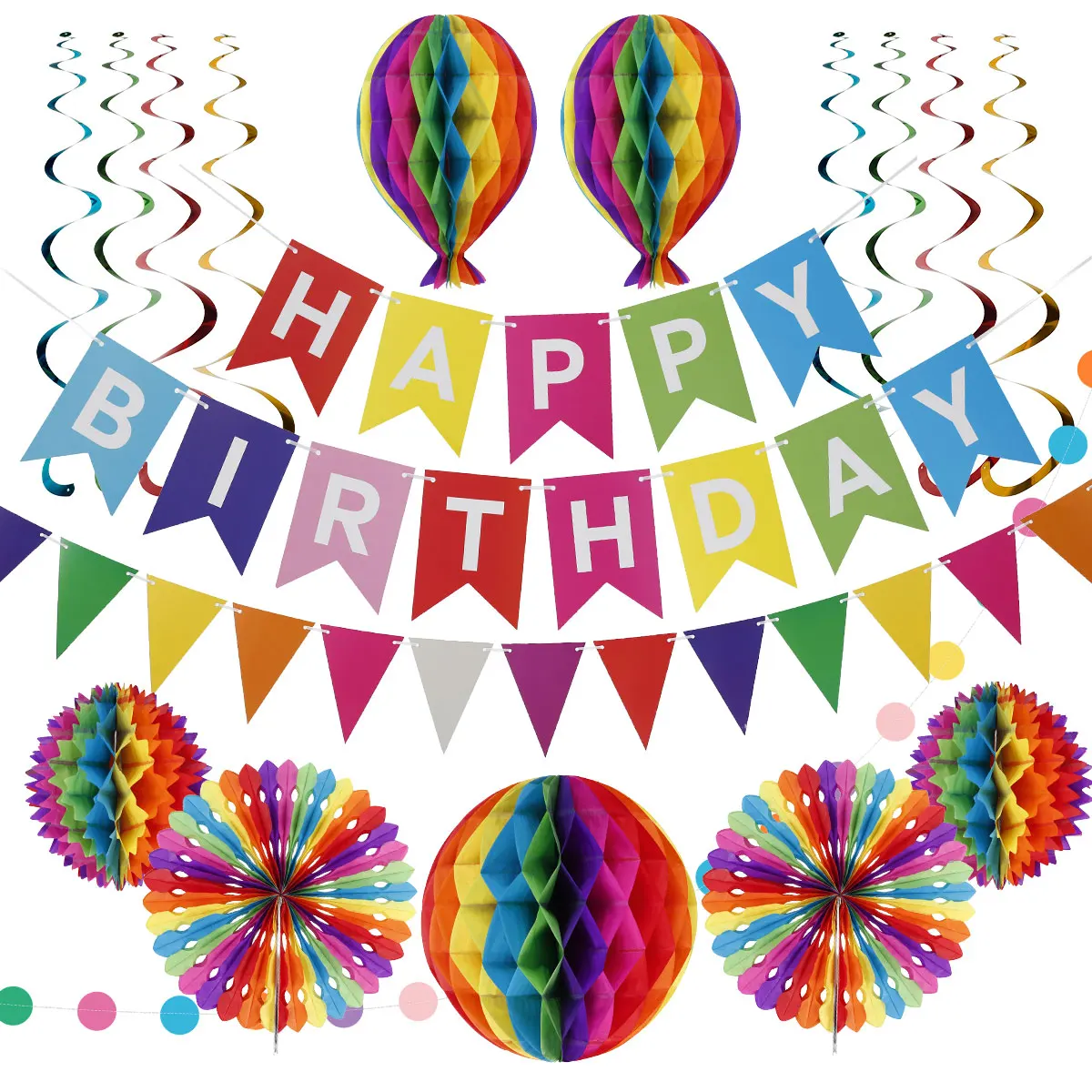 

Happy Birthday Banner Birthday Bunting Honeycomb Decorations Round Garland Paper Fan Flowers Lace Balls Set for Birthday Party