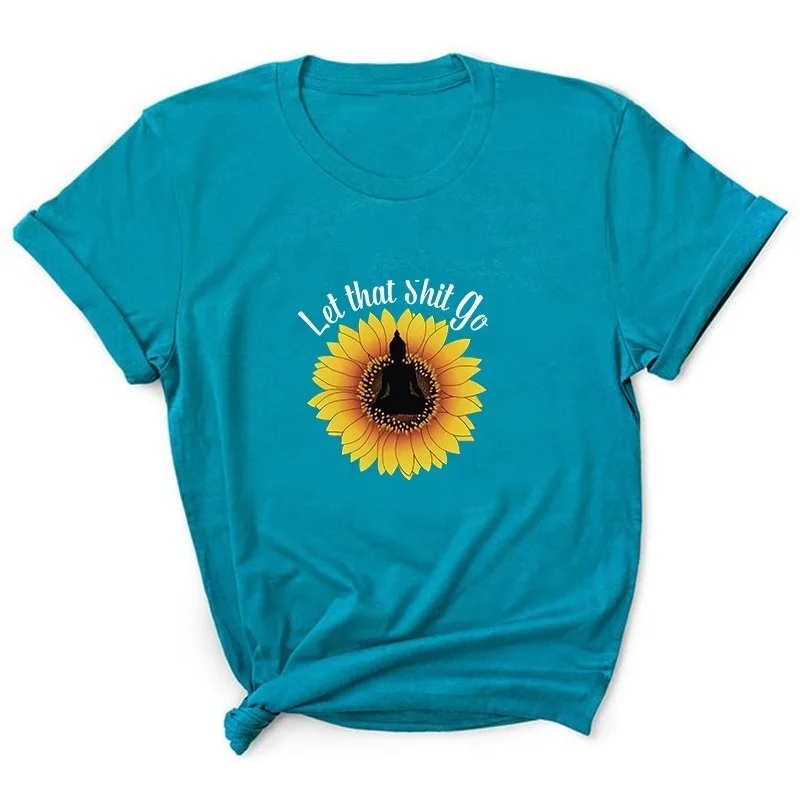 

Let That Go Letter Sunflower Print T Shirt Women Short Sleeve O Neck Loose Tshirt Summer Women Tee Shirt Tops Camisetas Mujer