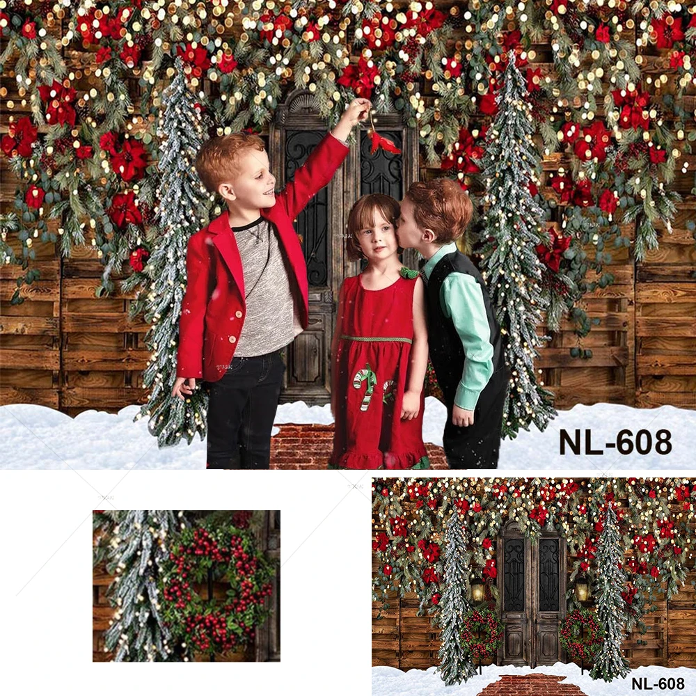 

Christmas Backdrop for Photography Winter Snow Wreath Rustic Wood Door Family Party Newborn Portrait Background Photo Studio