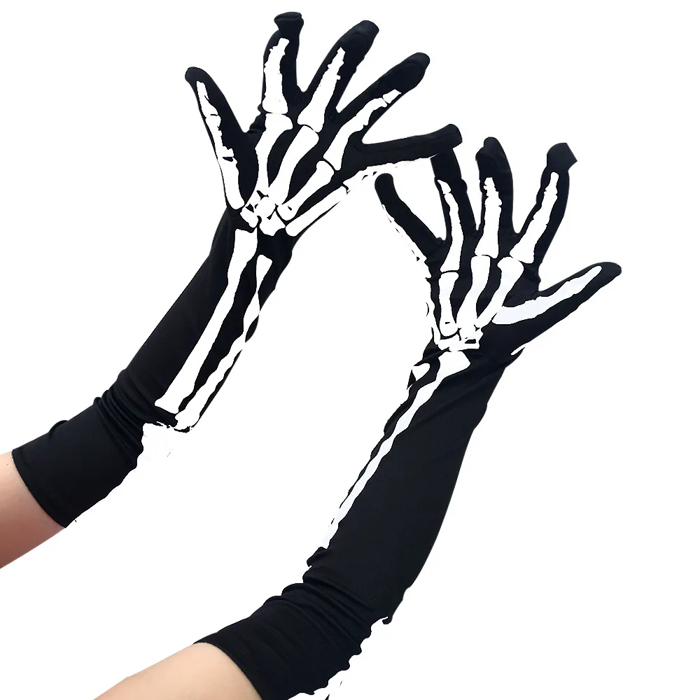 

Длинные эластичные перчатки с черным принтом черепа для готических панк Лолиты Харадзюку Косплей Хэллоуина сценических танцев шоу