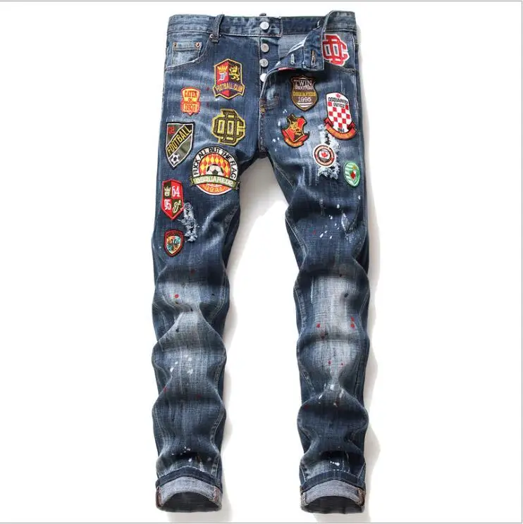 

Мужские рваные джинсы с ярким рисунком, Стрейчевые брюки скинни с множеством знаков, разные расцветки