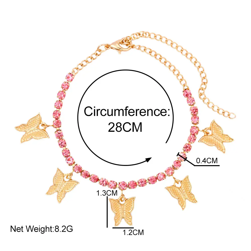 

Iced Out Pink Crystal Tennis Ankle Chain For Women Golden Metal Butterfly Charms Pendant Anklet Bracelet Trendy Summer Jewelry