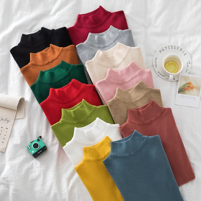 

2020 Korean Fashion Knit Pullovers Winter Autumn Turtleneck Sweater Women Skinny Elastic Knitted Soft Pullover Sweaters Female