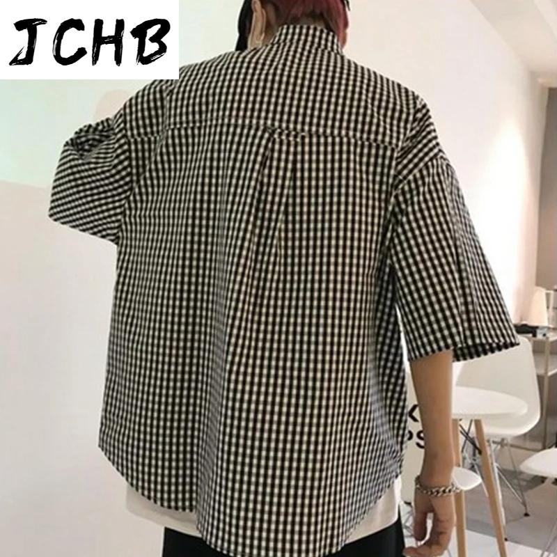 

2021 Men Cotton Blouse Half Sleeved Square Collar Korean New Vintage Plaid Shirts Knotted Tie Shirts Tops Single Button Male Car