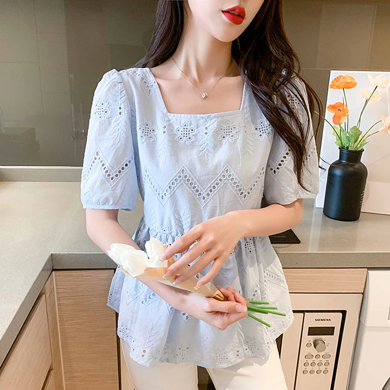 

Chic Ruffles Blouses Women Korean Puff Sleeve Hollow Out Embroidery Blouses Plus Size Tops Shirt Blusas Femme