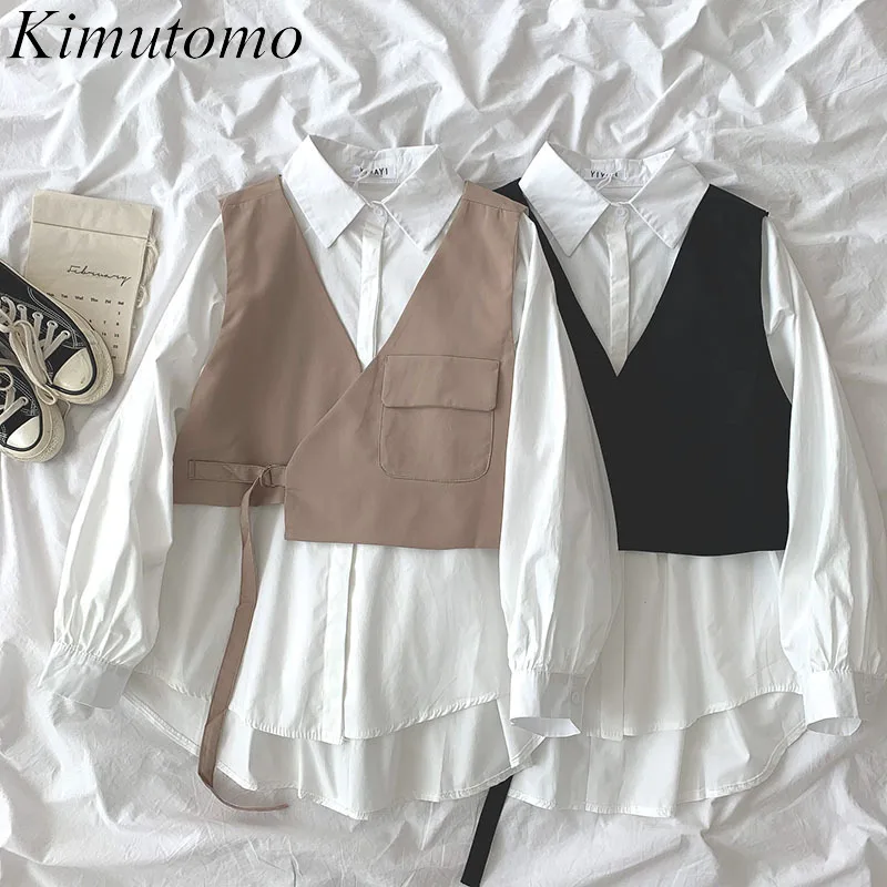 

Kimutomo Simple Suit Women Spring 2021 New Fashion Clothing Korean Two Piece Set Girls Sweet Shirt Solid Vest Fashion Casual