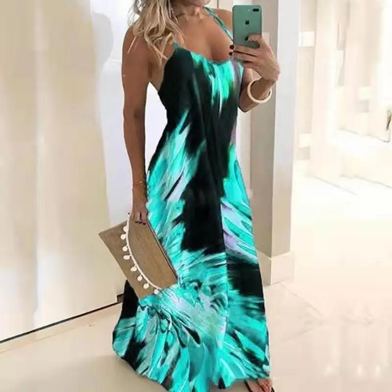 Summer Dress Women Spaghetti Strap Party Evening Plus Size Sleeveless Gradient Color Maxi Beach V-Neck Long Robes S-5XL Sundress | Женская