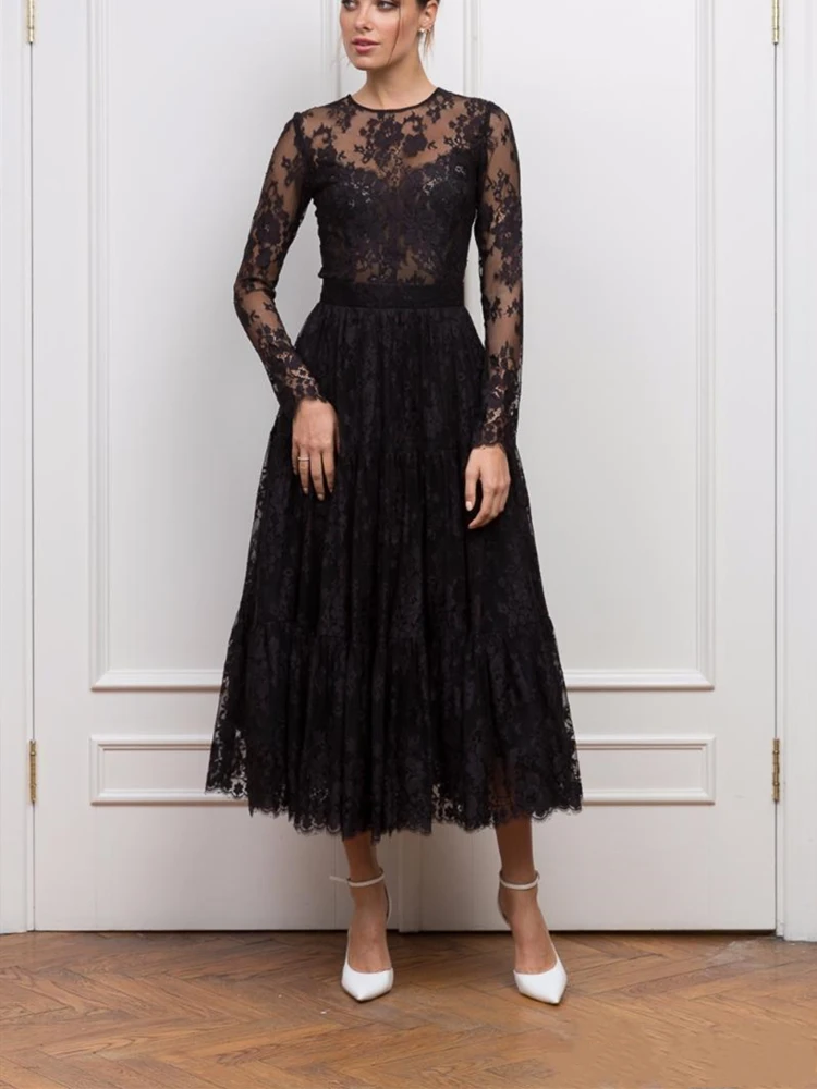 

Black Lace Mother of the Bride Dress Ankle Length Long Sleeve Illusion Bodice Short Evening Prom Wedding Party Gowns Customize