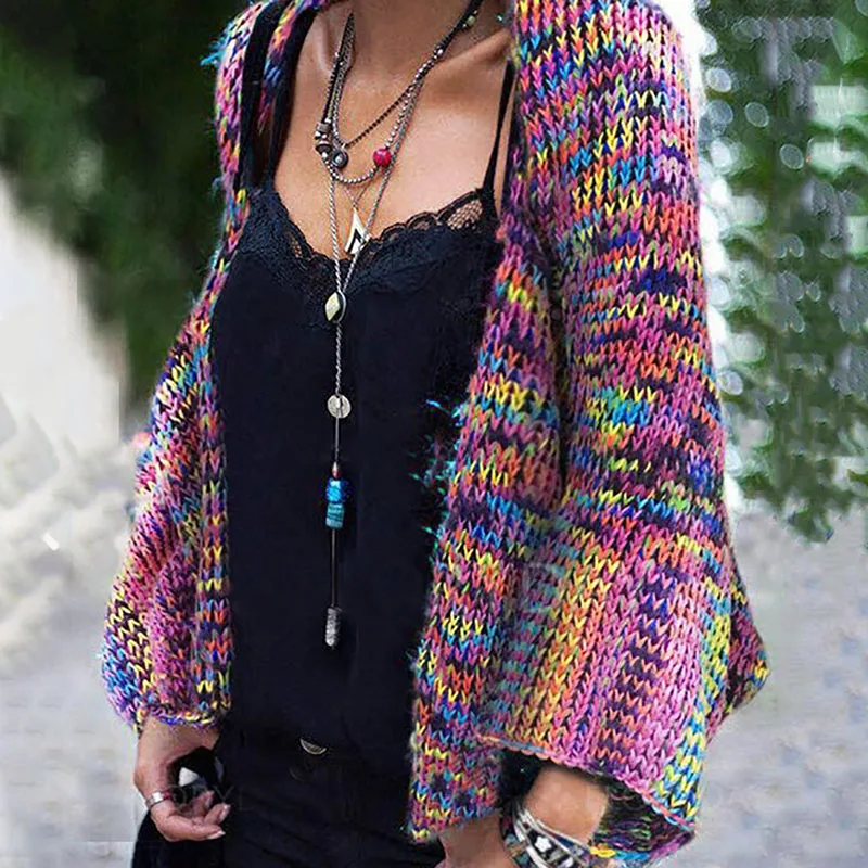 Rainbow Sweater Jacket female Fall/Winter Fashion Contrast Loose Warm Women Irregular Fringe Shawl Cape Cloak |