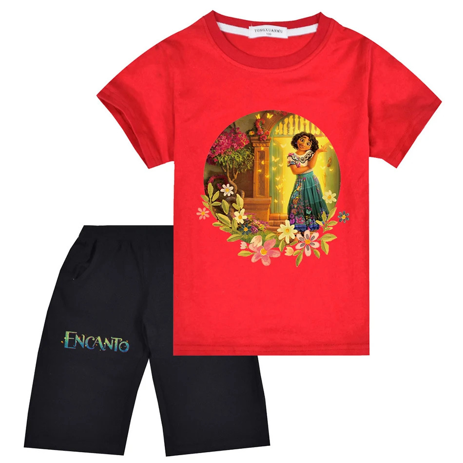 

2022, подростковые Детские комплекты для девочек, мальчиков, Энканто, Изабелла, для девочек, Madrigal, с коротким рукавом, костюм, костюм для мальчи...