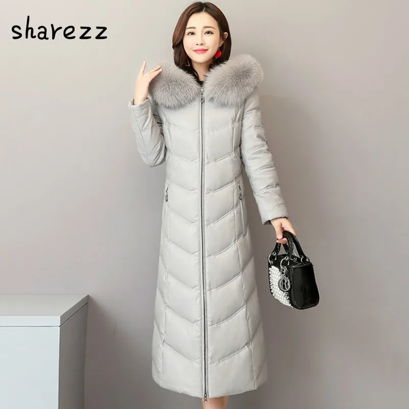 Женская куртка из натуральной кожи, пуховое пальто, большие размеры 4xl 5xl, модные женские зимние парки с лисьим мехом и воротником на белом утином пуху