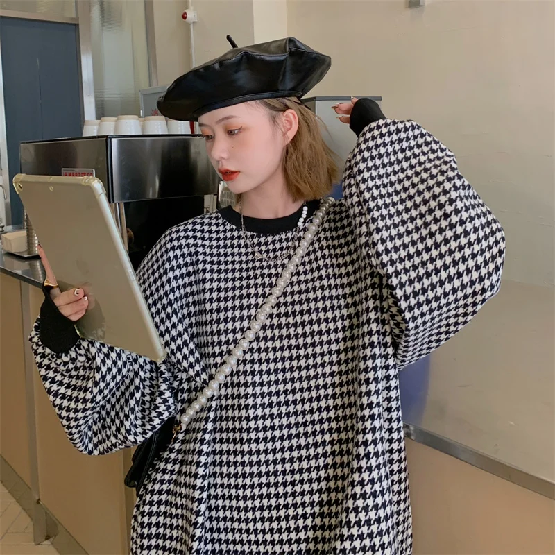 Autumn Long Sleeve Sweatshirts Women Houndstooth Vintage Korean Oversized Lazy O-neck Hoodie Student Chic All-match Tops Trendy | Женская