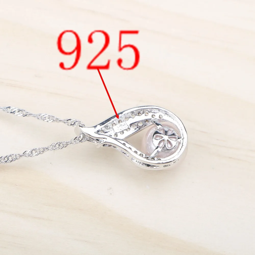

Natural Pearls 925 Silver Bridal Jewelry Sets Women White Zircon Earrings With Stones Pendant&Necklace/Rings Set Free Gift Box