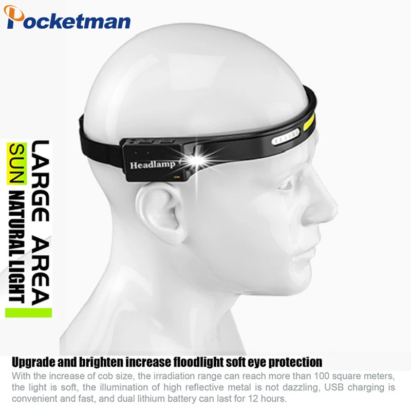 

Pocketman COB LED Headlamp IR Sendor Headlight USB Rechargeable Headlamps Waterproof 5 Modes Head Torch Head Flashlight