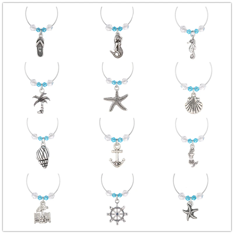 12pcs Wine Glass Goblet Charms With Blue Pearl Silver Dangle For Jewelry Making Winemaker Christmas Table Decoration Family Set | Украшения