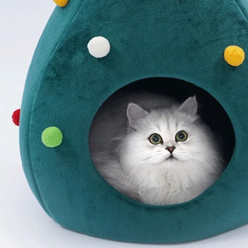 Кошка в форме рождественской ёлки, дом, мягкое теплое гнездо, кровать для щенка, кота, полузакрытая домашняя зимняя теплая спальная кровать