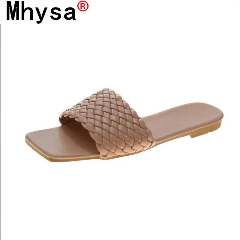 

2021 Summer Women's Sandals Fashion Square Head Pu Leather Women Flat Sandals Outdoor Beach Open Toe Women Slipper Zapatos Mujer