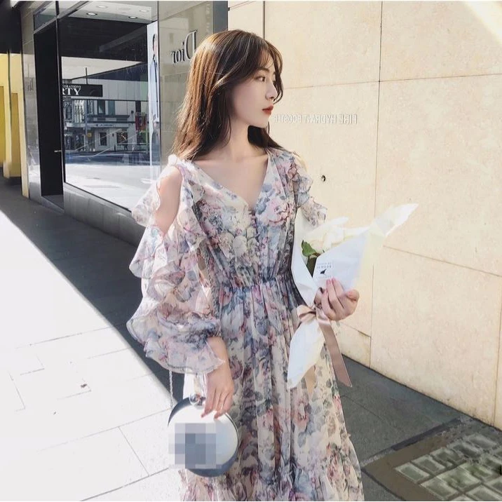 

2021 Spring Korean Woman Long Sleeve Floral Chiffon Long Dress Fashion Female Beach midi Dresses Vestido Feminino Plus Size 4XL