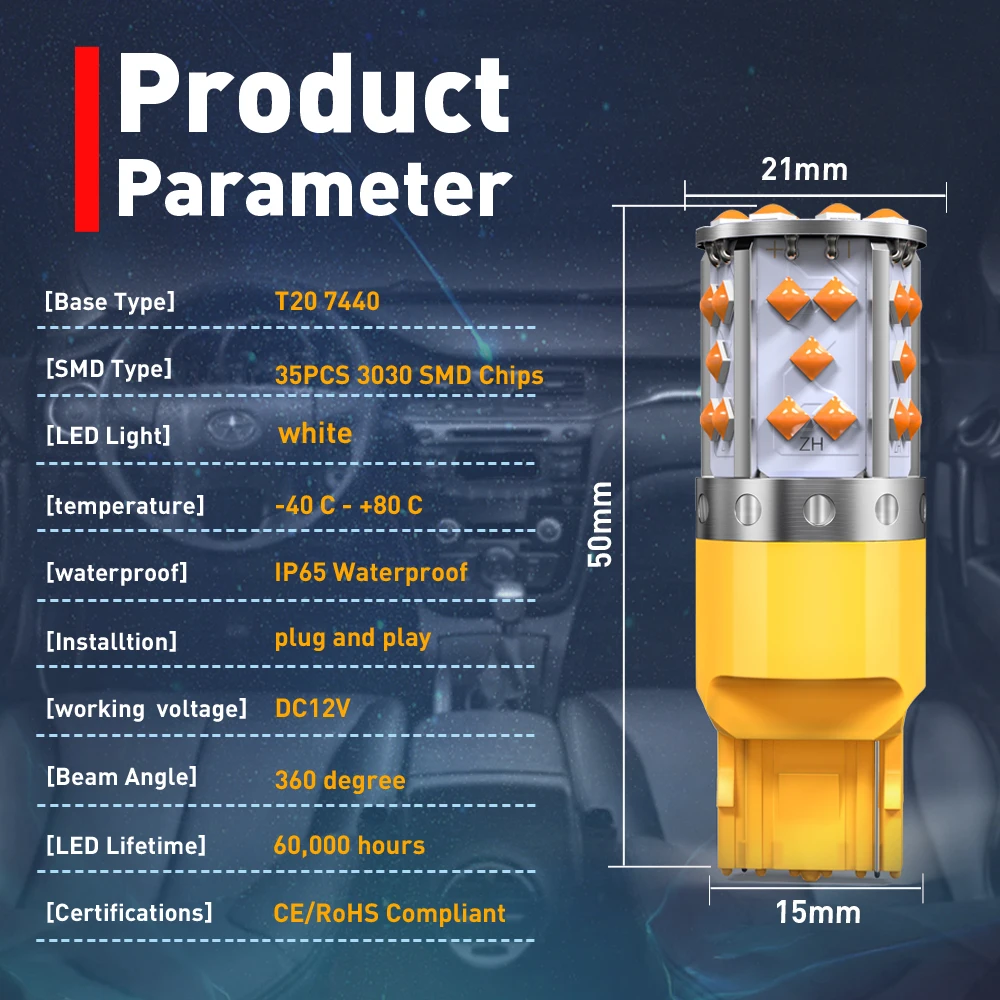 Сверхъяркая светодиодсветодиодный лампа T20 7440 W21W WY21W 3030 лм 35 SMD желтый Фонарь