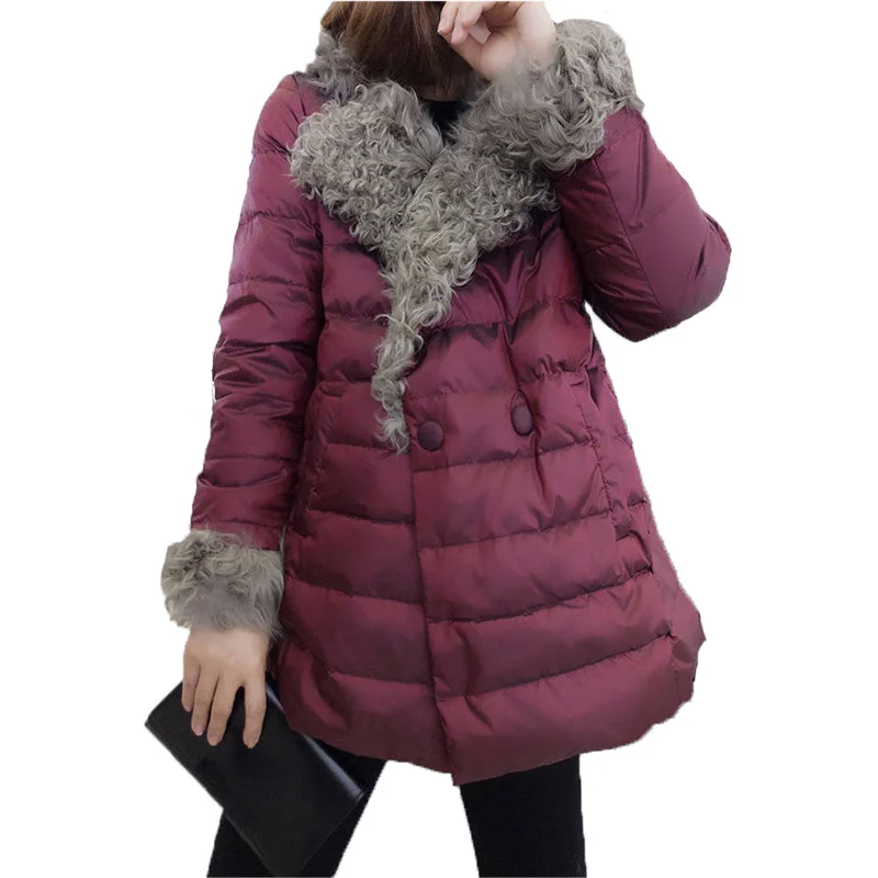 

Women's New Down Cotton Jacket 2021 Winter Fashion Big Fur Collar Wine Red Outerwear Temperament Bread Service Cotton Coat GH956