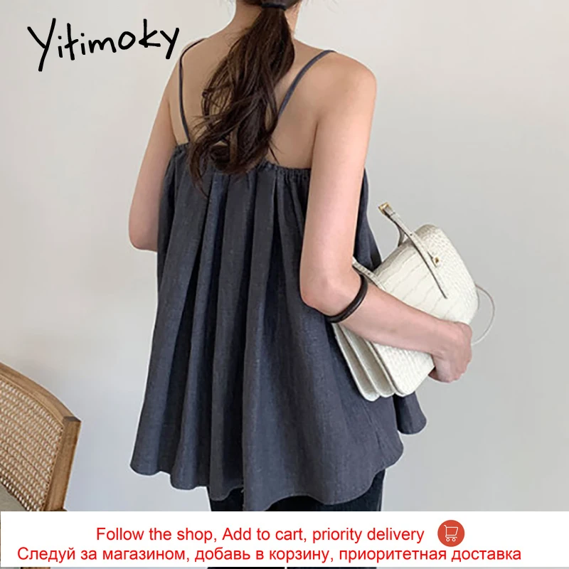

Yitimoky Vintage Spaghetti Strap Tank Top Women Fashion Sleeveless Backless Loose Sexy Streetwear New White Summer 2021 Linen