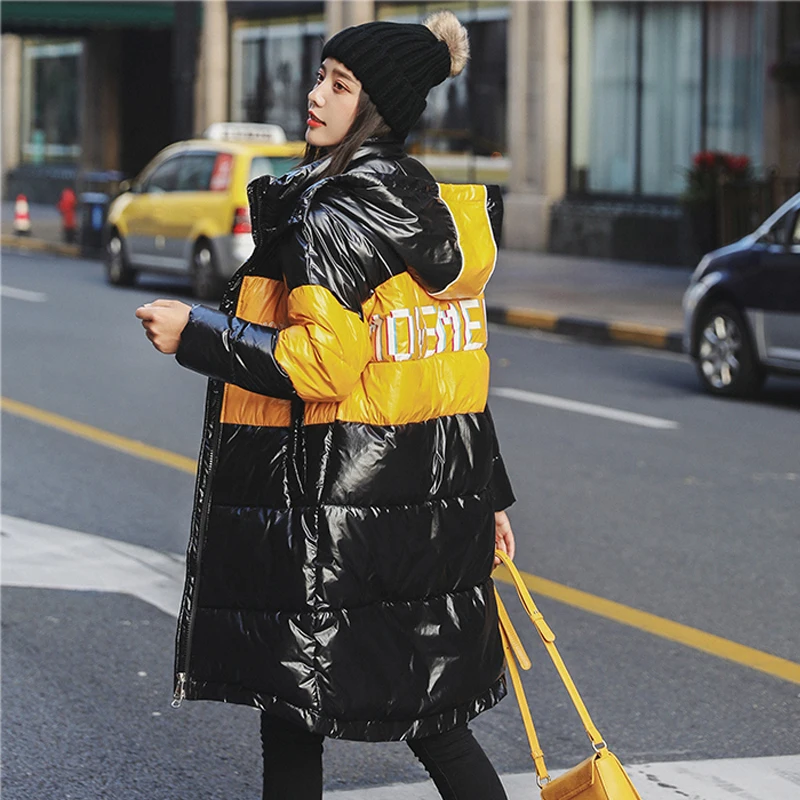 Lucyever Fashion Long Patchwork Letter Hooded Parka Woman Mix Color Thick Slim Jacket Women 2019 Winter Casual Warm Coat Mujer | Женская