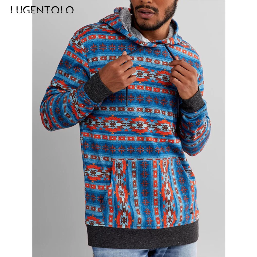 

Lugentolo Men Casual Hooded Autumn Winter Long Sleeve Digital Printing Retro National Style Men's Hooded New Sweatshirts