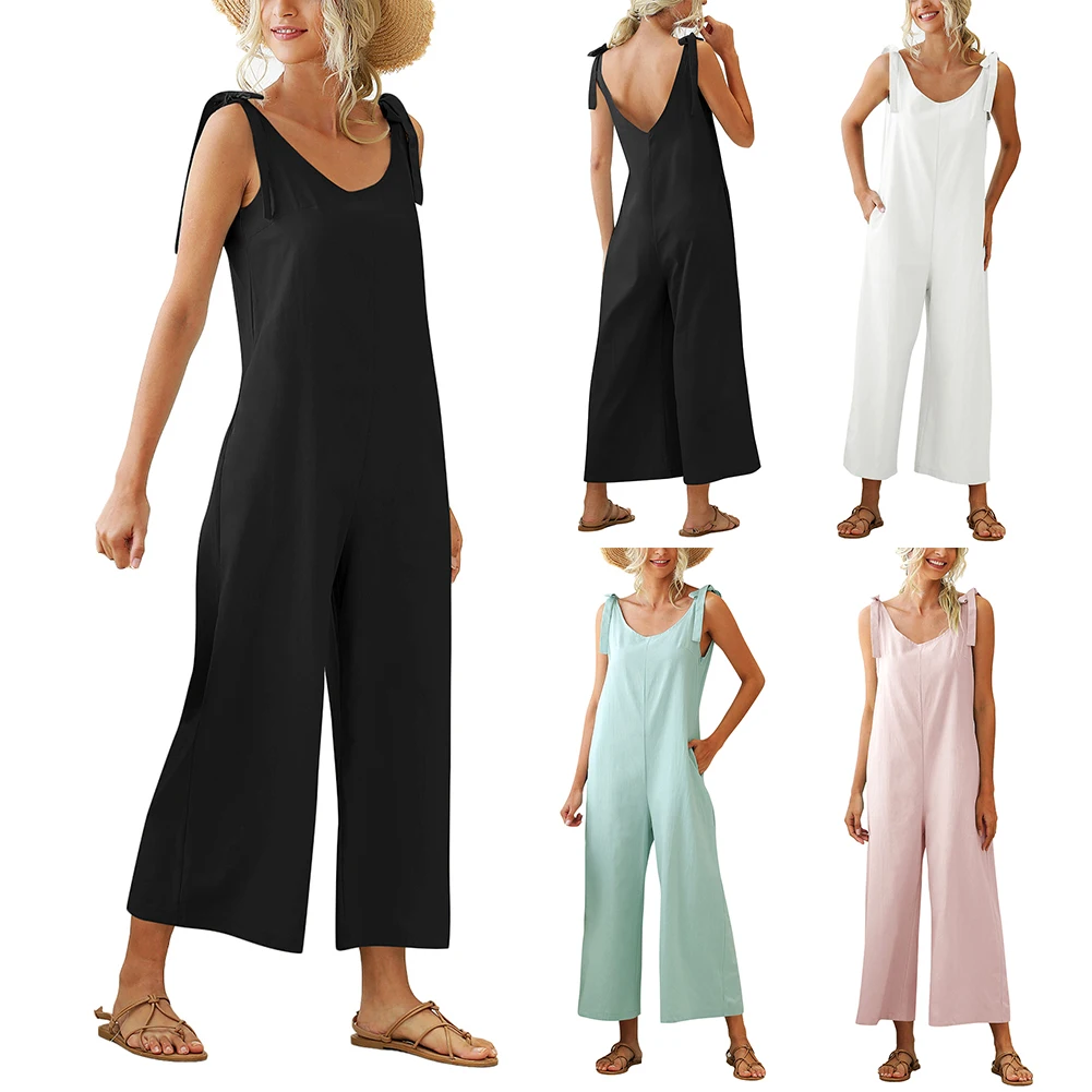 

Sleeveless Lace Up Soild Color Jumpsuit Ladies Rompers Fashion Loose Casual One Piece Trousers
