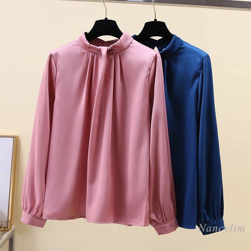 Elegant Pleated Stand Collar Blouse Women's Long Sleeve All-Match Solid Color Shirt Lady's Blusas Top 2021 Spring Female Clothes