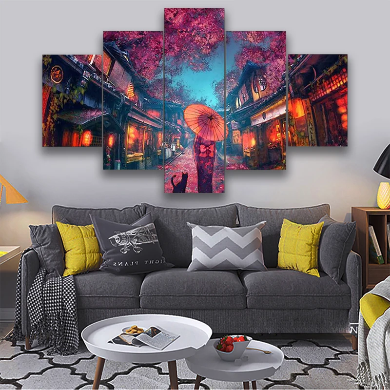 

5 Piece Wall Art Canvas Japanese Anime Styles Kimono Girl Home Decor Modular Pictures Modern Living Room Decoration Paintings